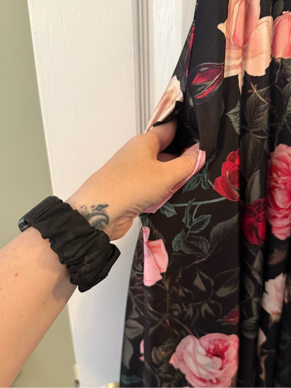 Blackmilk Black Floral Cutout V-Neck Fit & Flare Dress with Pink and Red Roses - Picture 4 of 5